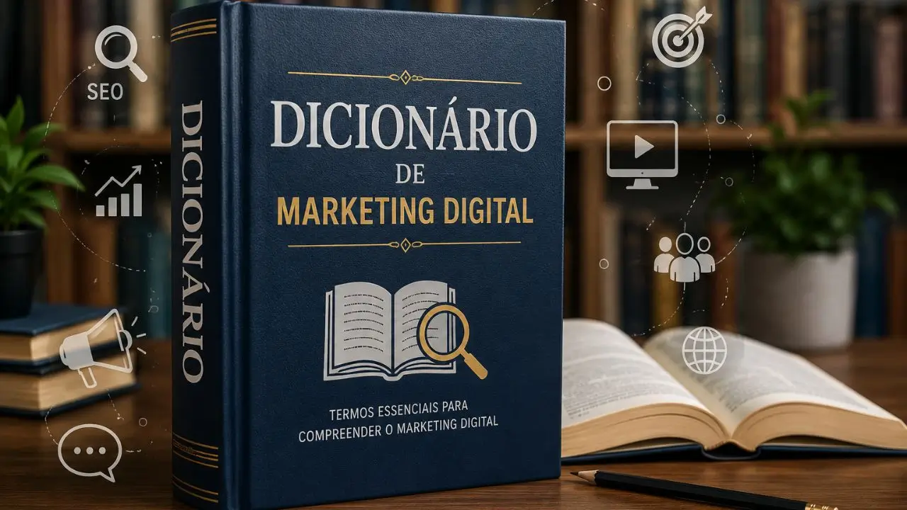 Livro de dicionário de marketing digital com elementos de SEO, redes sociais e crescimento digital em fundo de biblioteca.