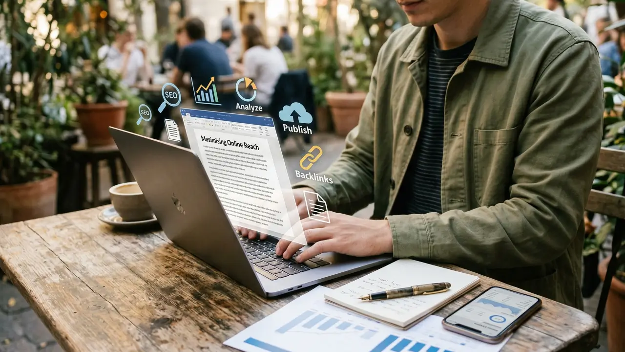 Imagem representando a criação de um artigo para blog com elementos de SEO e marketing digital.
