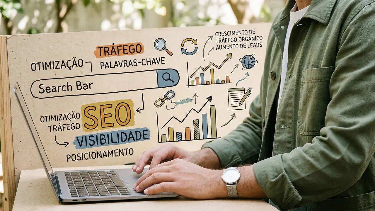 Imagem representando palavra-chave em SEO com barra de pesquisa e gráficos de posicionamento nos resultados do Google.