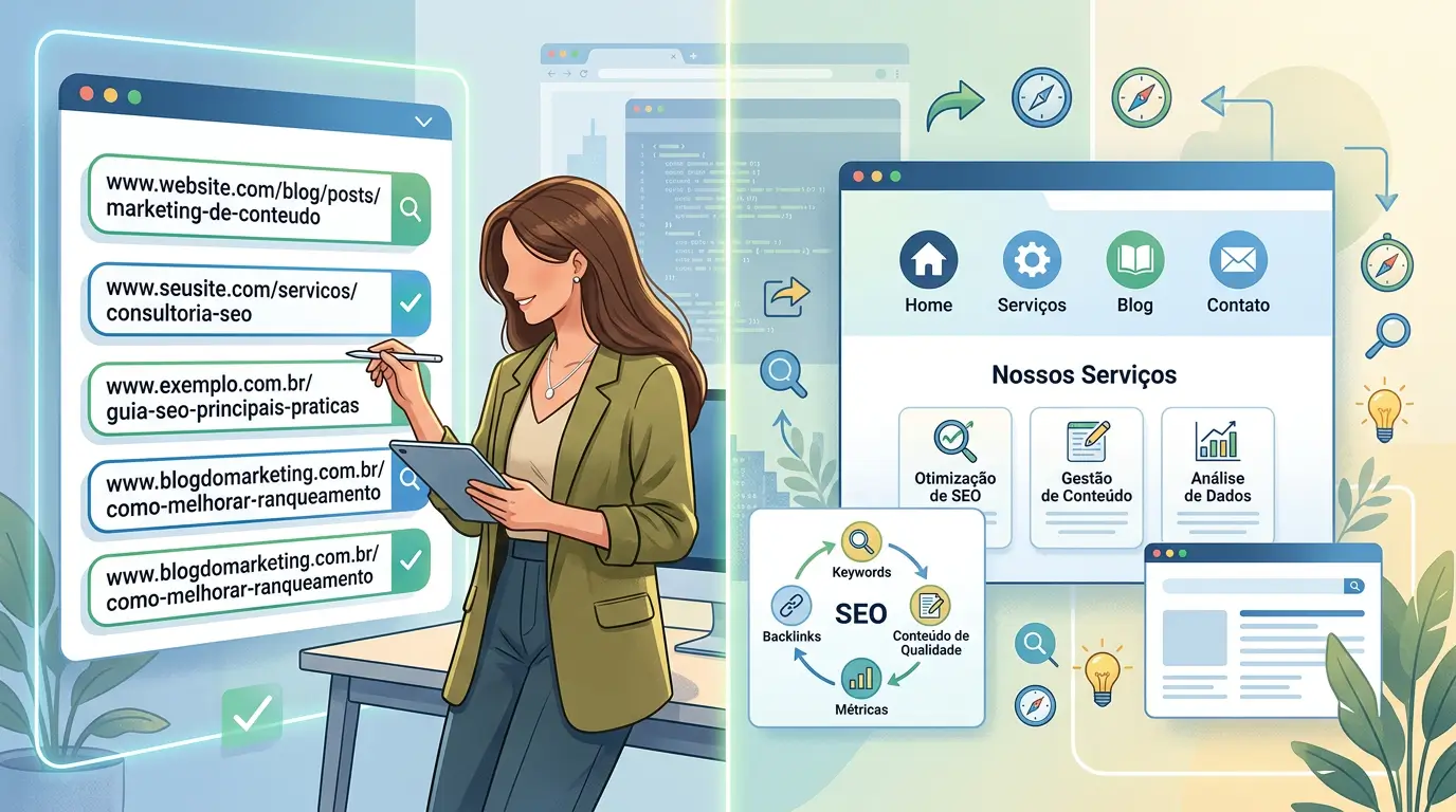 Imagem representando URL amigável em SEO com exemplos de endereços organizados e fáceis de compreender.
